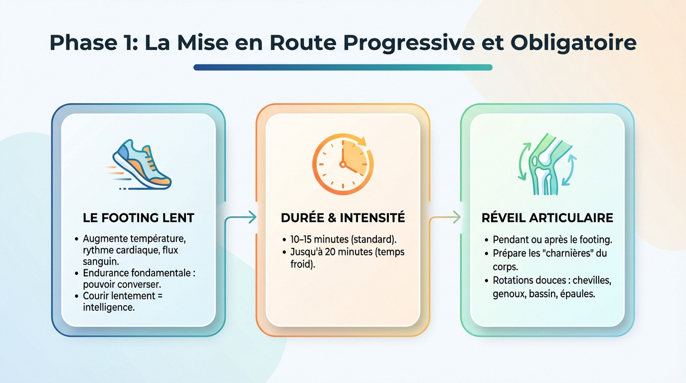 Infographie mettant en avant l'importance d'un footing lent pour débuter son échauffement course à pied