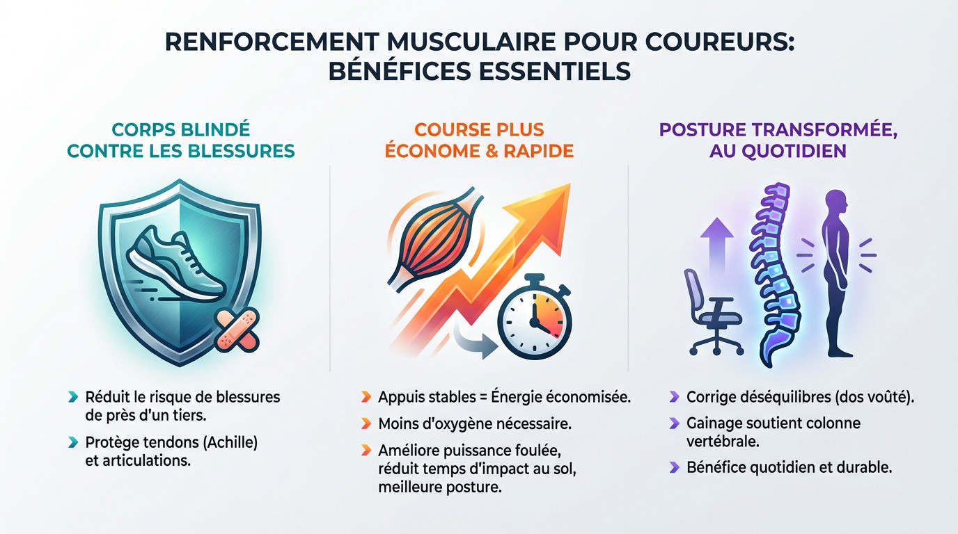 Infographie évoquant les bénéfices du renforcement musculaire pour la course à pied